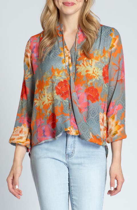 Print Tassel Surplice Chiffon Top