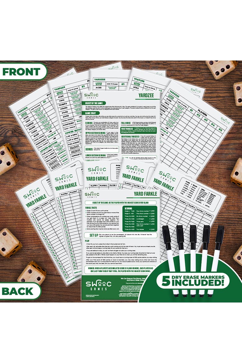 5 Pack of Yardzee & Farkle Scorecards with Markers, Alternate, color, White