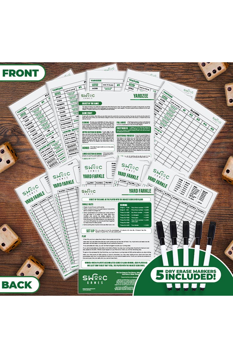 Swooc Games 5 Pack of Yardzee & Farkle Scorecards with Markers, Alternate, color, White