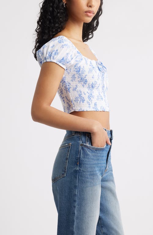 Bp. Smocked Crop Top In White- Blue Summer Toile