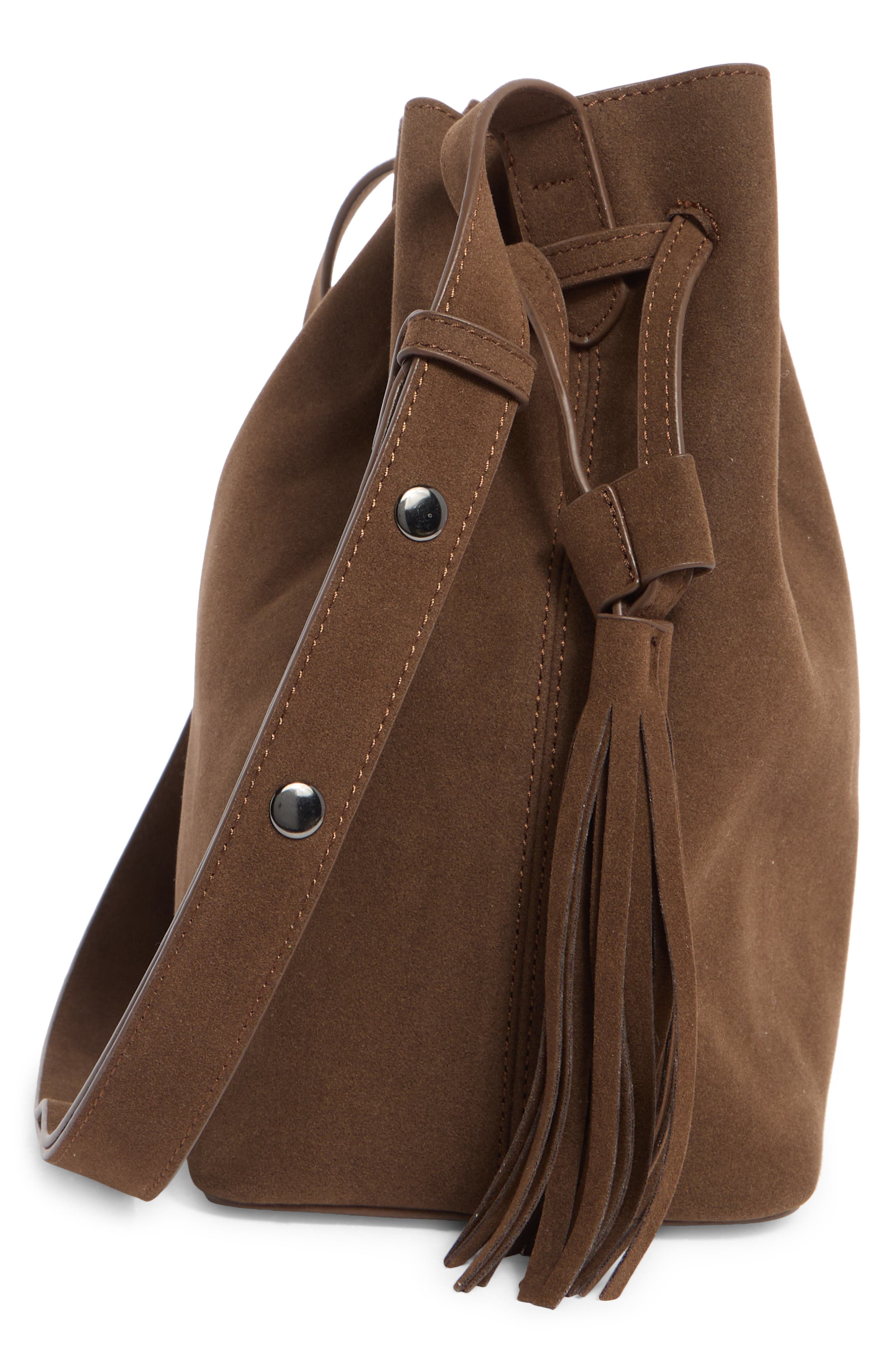 BCBG Tassel Water Repellent Bucket Bag, Alternate, color, Chocolate