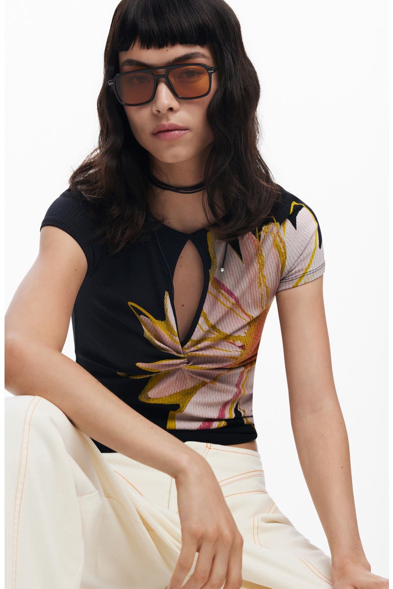 Floral Keyhole Rib T-Shirt, Alternate, color, BLACK
