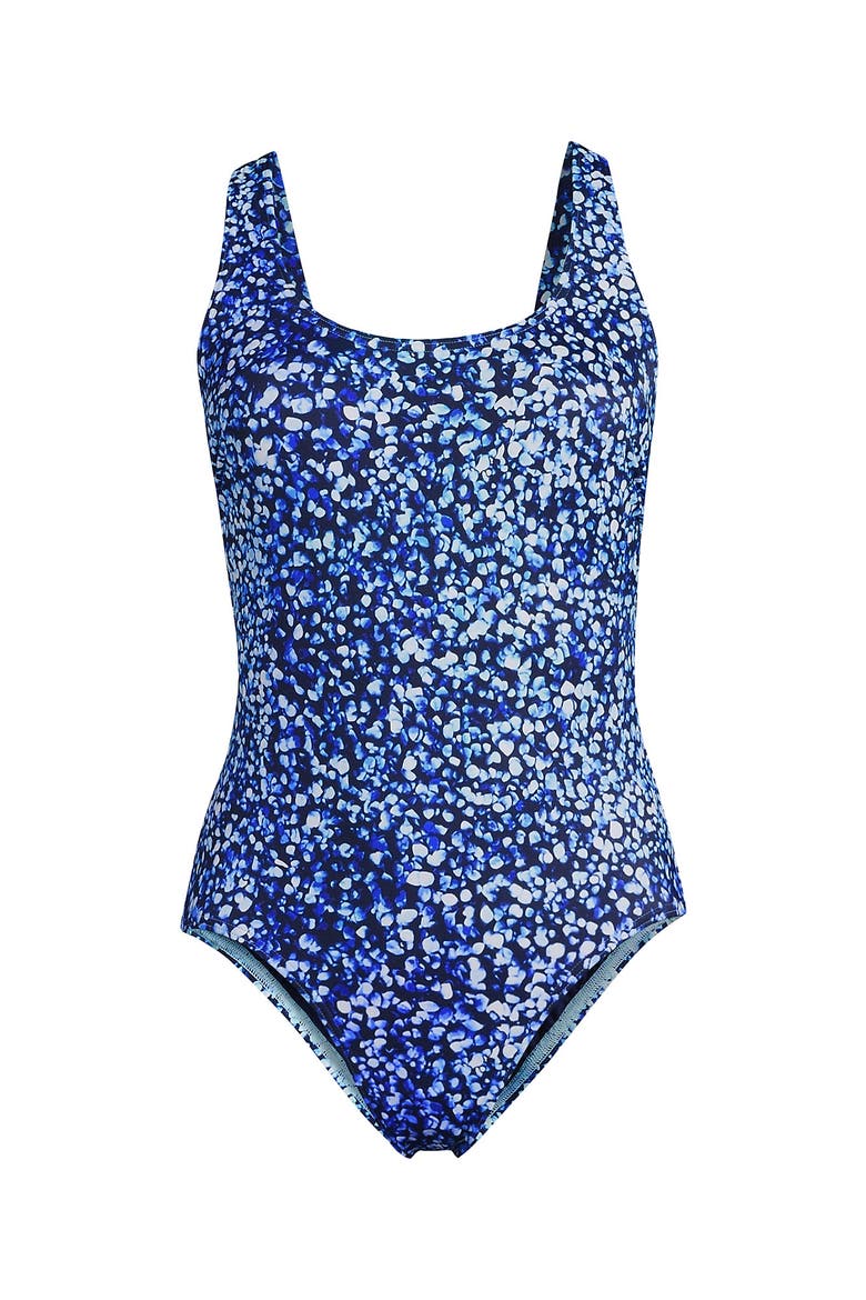 Chlorine Resistant Scoop Neck X-Back High Leg Soft Cup Tugless Sporty One Piece Swimsuit, Alternate, color, Navy/Turquoise Mosaic Dot