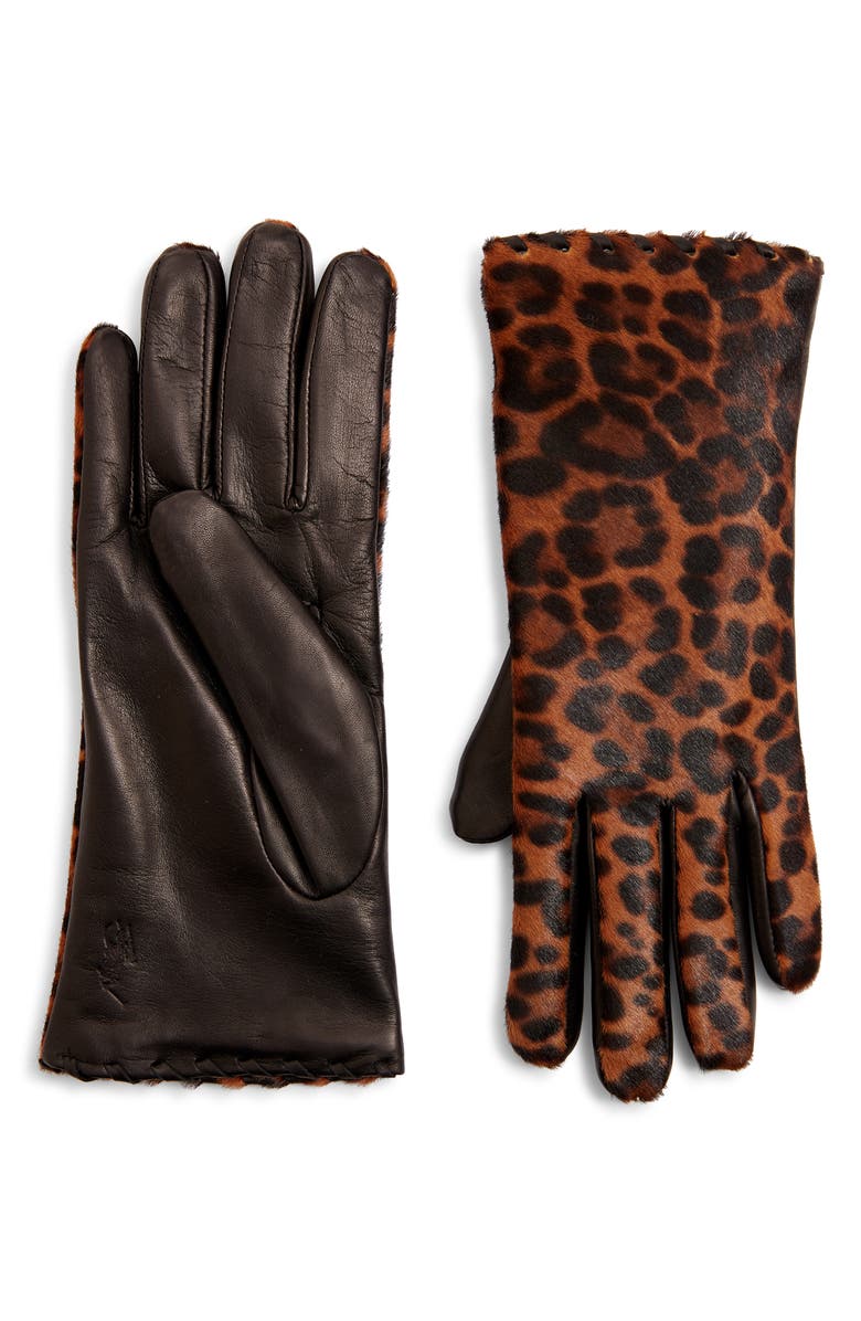 Polo Ralph Lauren Leopard Print Genuine Calf Hair Gloves, Main, color, 