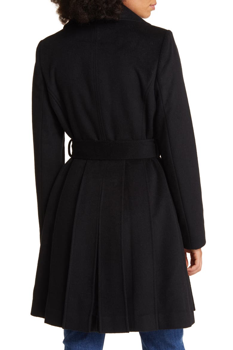 Belted Faux Leather Trim Wool Blend Coat, Alternate, color, BLACK