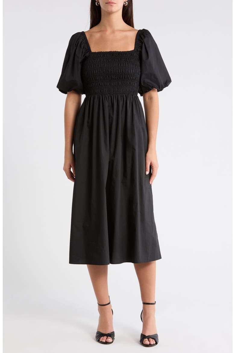 Sonia Bubble Sleeve Smocked Midi Dress, Main, color, BLACK