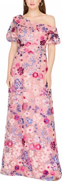 JS Collections Marigold Embroidered One-Shoulder Puff Sleeve Gown