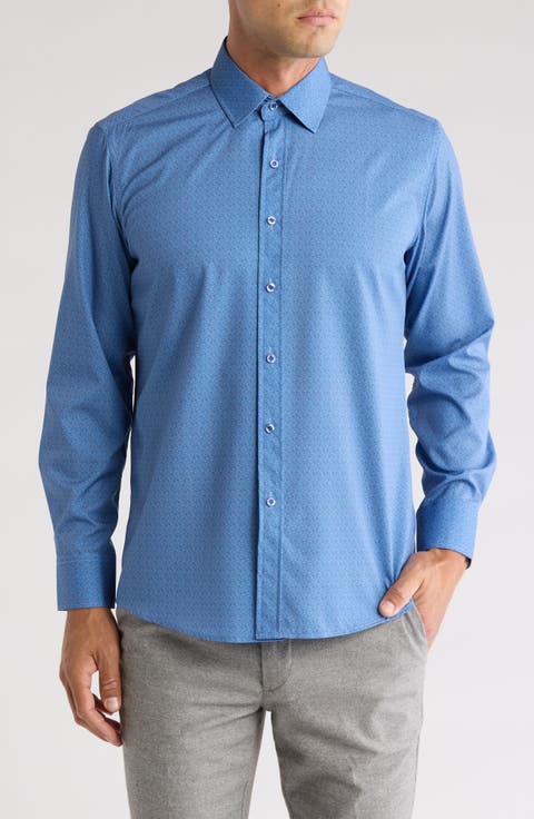 Ditsy Print Stretch Button-Up Shirt