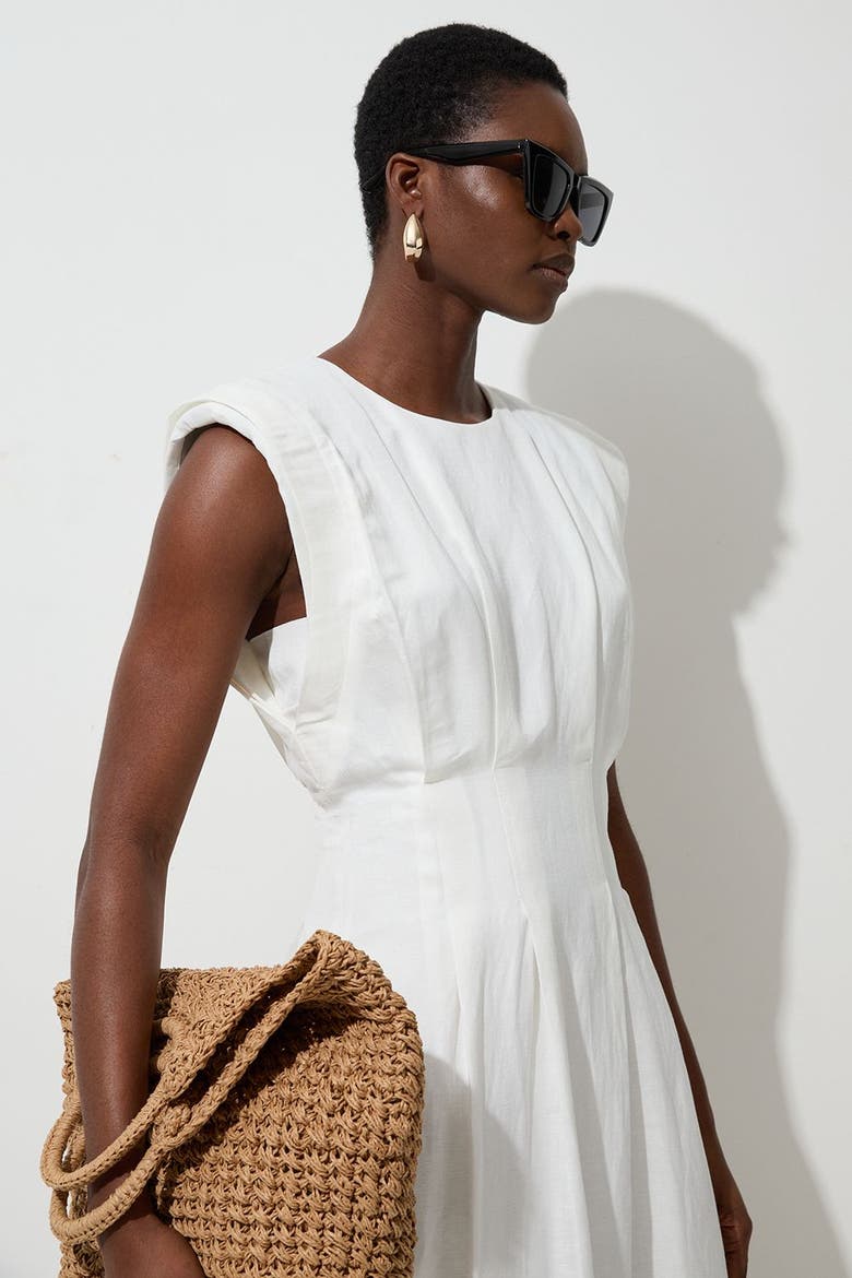 Linen Blend Pintuck Midi Dress, Alternate, color, White