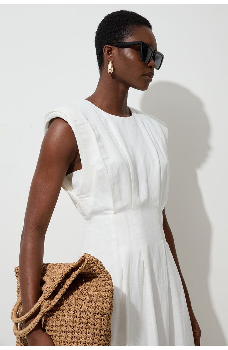 Karen Millen Linen Blend Pintuck Midi Dress, Alternate, color, White