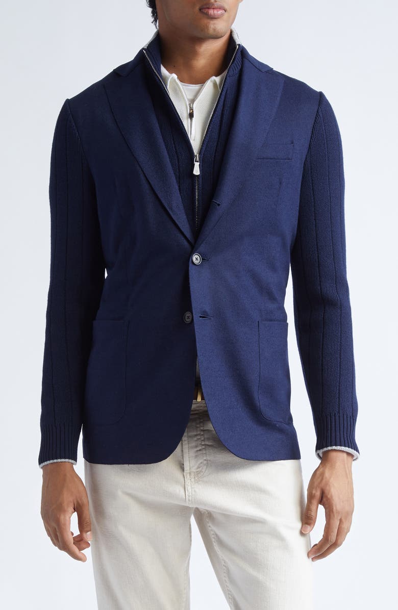 Eleventy Mixed Media Wool Blazer with Removable Bib, Main, color, Navy Blue
