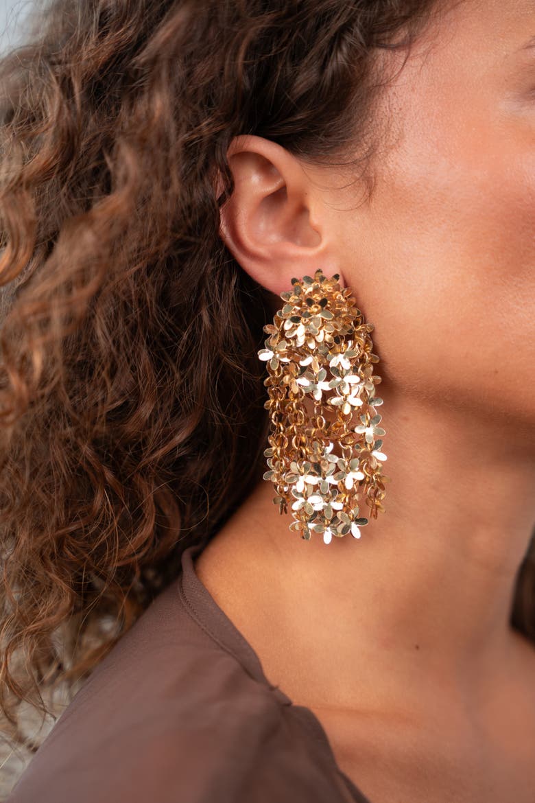 Sequin Flower Rain Statement Earrings in Gold, Alternate, color, Gold
