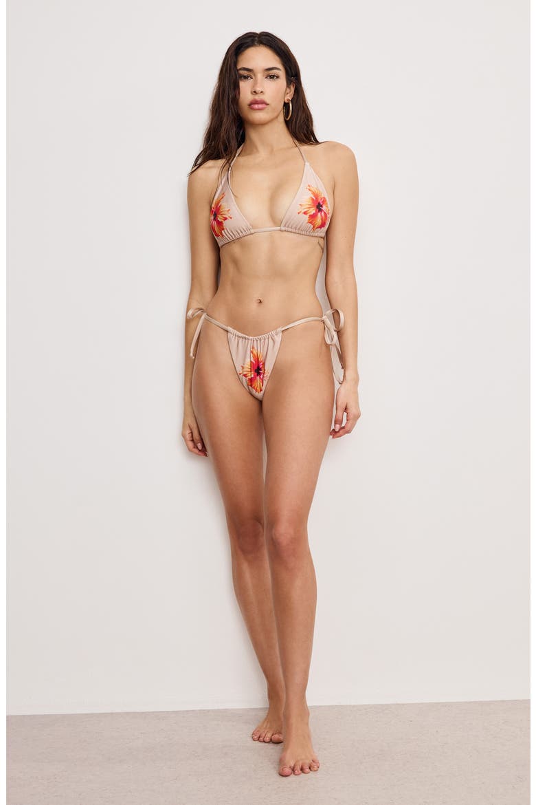 Satin Tiny Ties Triangle Bikini Top, Alternate, color, CHAMPAGNE TROPICAL HIBISCUS001