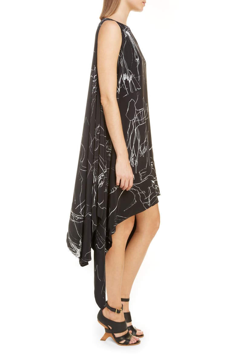 Alexander McQueen Dancing Girls Asymmetrical Silk Crêpe de Chine Midi Dress, Alternate, color, BLACK IVORY