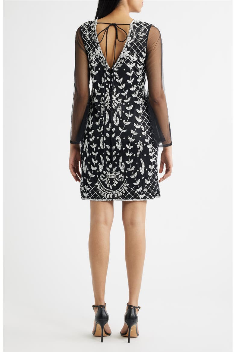 Beaded Mesh Sleeve Minidress, Alternate, color, BLACK/ WHITE