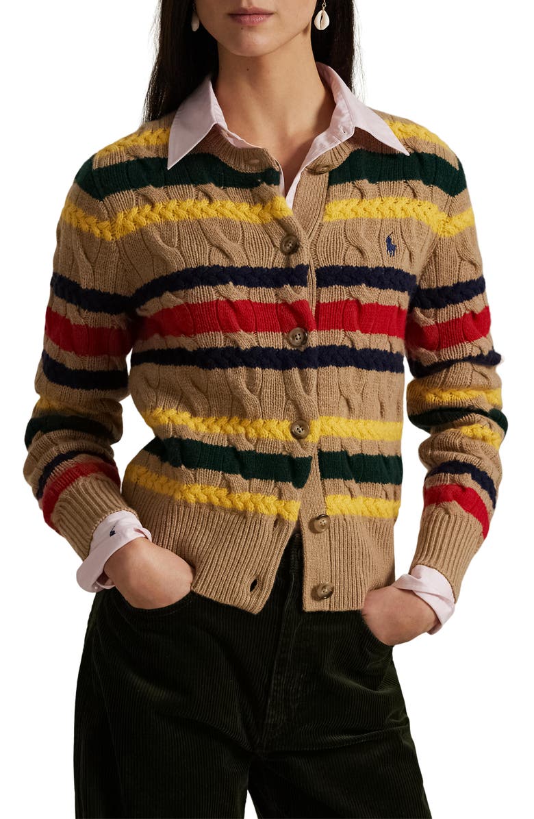 Polo Ralph Lauren Stripe Cable Stitch Wool & Cashmere Cardigan, Main, color, Collection Camel Melange Multi