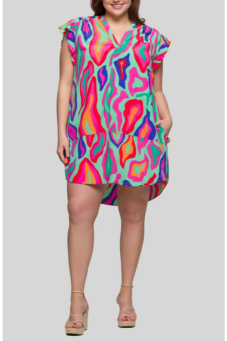 Printed Flutter Cap Sleeve Shift Dress, Main, color, GREEN MULTI