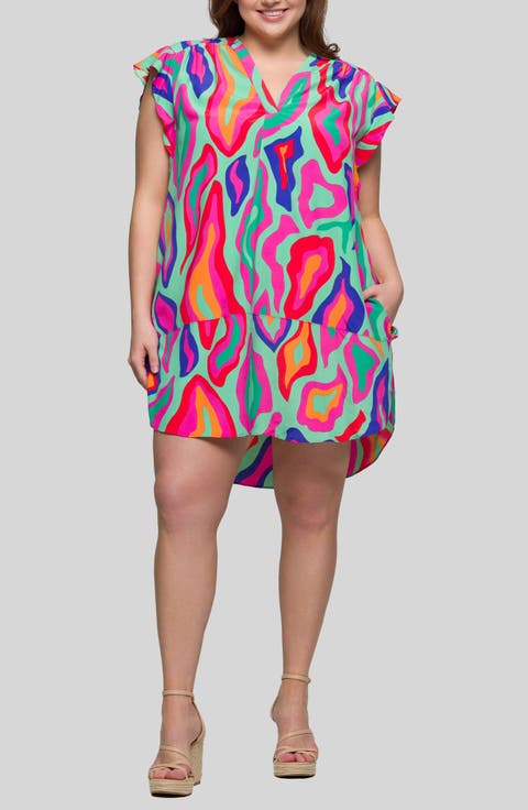 Printed Flutter Cap Sleeve Shift Dress (Plus)