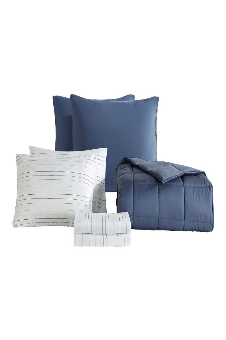 Reversible Plush Washed Microfiber Comforter Bedding Set, Alternate, color, MEDIUM / DARK BLUE