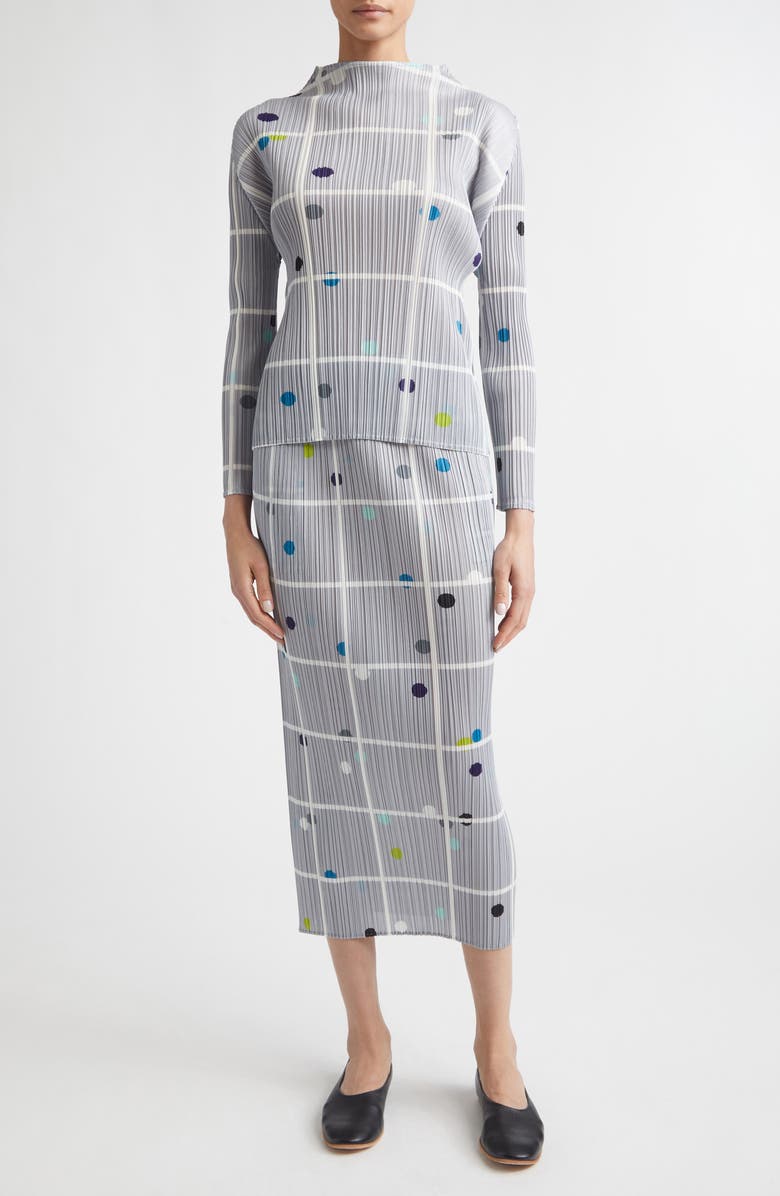 Pleats Please Issey Miyake Crossing Dots Print Pleated Midi Skirt, Alternate, color, Light Gray