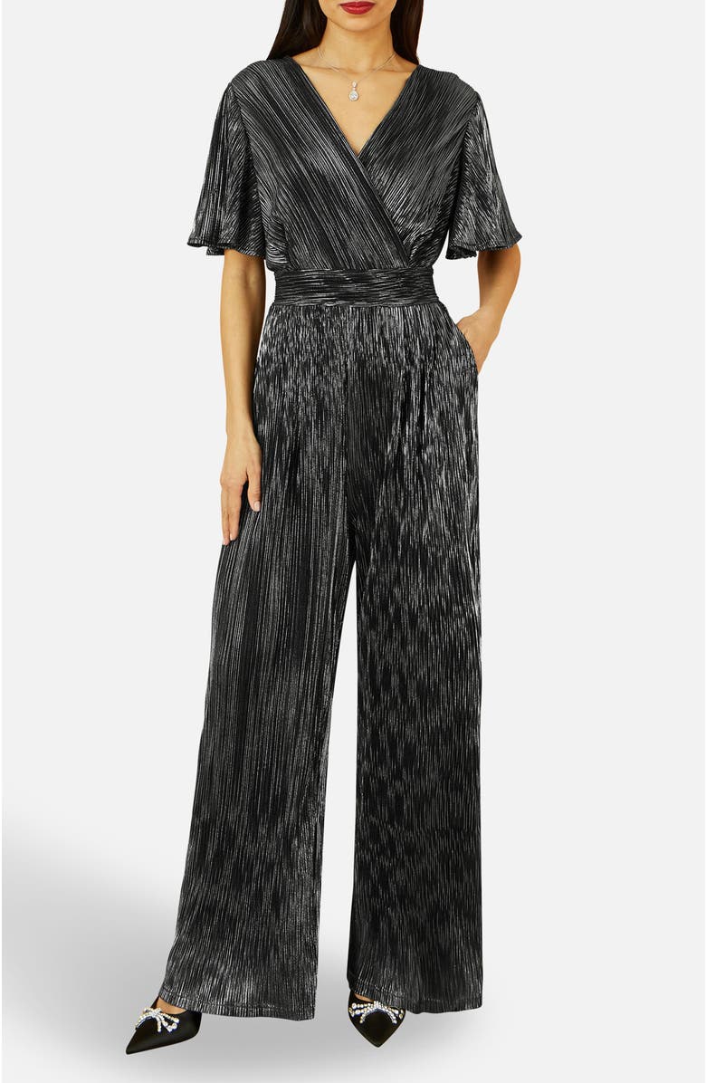 Yumi Pleated Jumpsuit With V-Neck, Alternate, color, Black