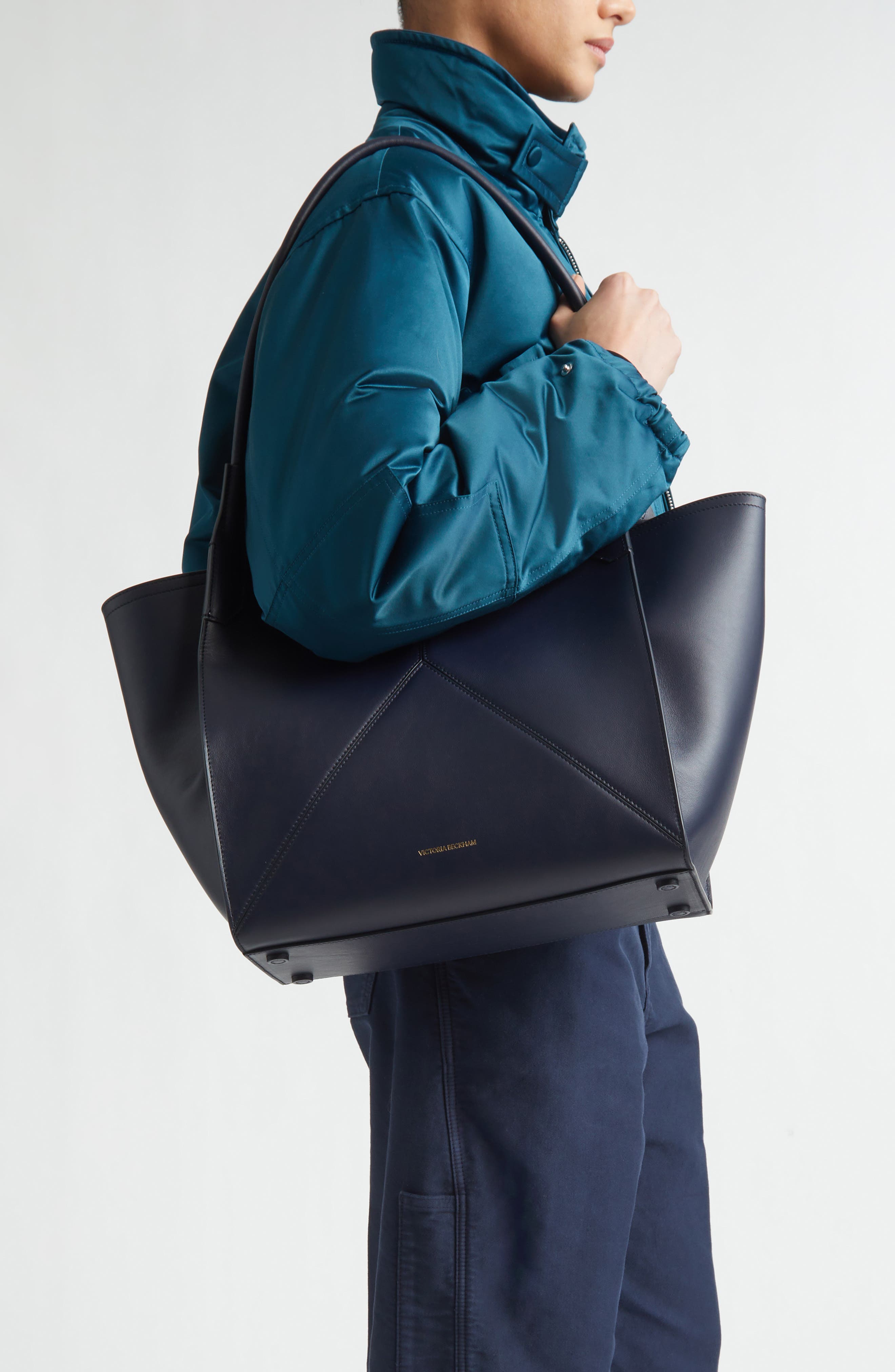 Victoria Beckham Small Victoria Leather Tote, Alternate, color, Navy