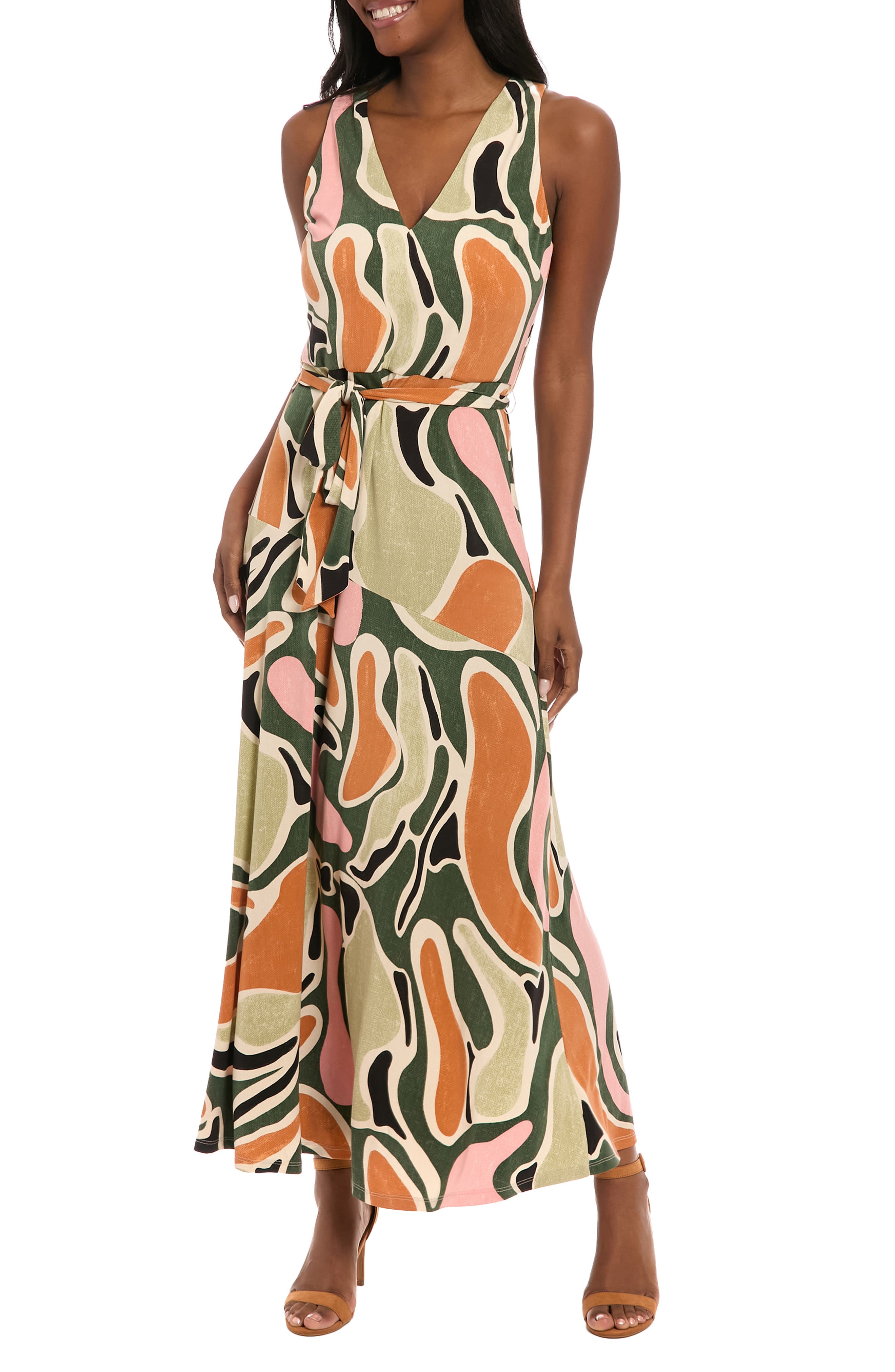 London Times Abstract Print V-Neck Maxi Dress