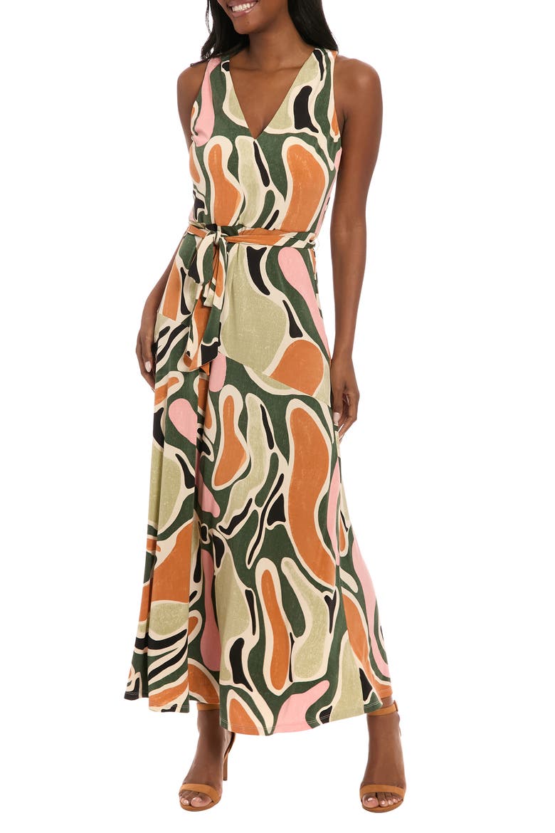 Abstract Print V-Neck Maxi Dress, Main, color, OLIVE/ SAGE