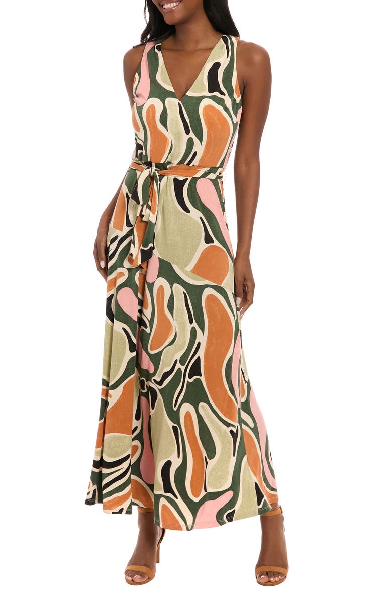 London Times Abstract Print V-Neck Maxi Dress, Main, color, Olive/ Sage
