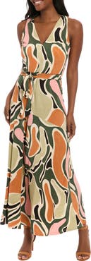 London Times Abstract Print V-Neck Maxi Dress