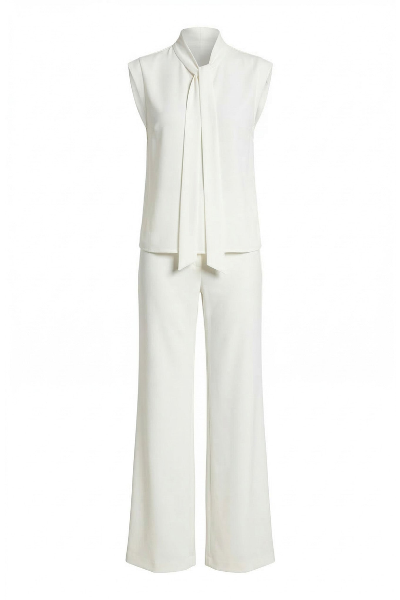 Sleeveless Tie Neck Blouse and Wide Leg Pant Set, Alternate, color, White