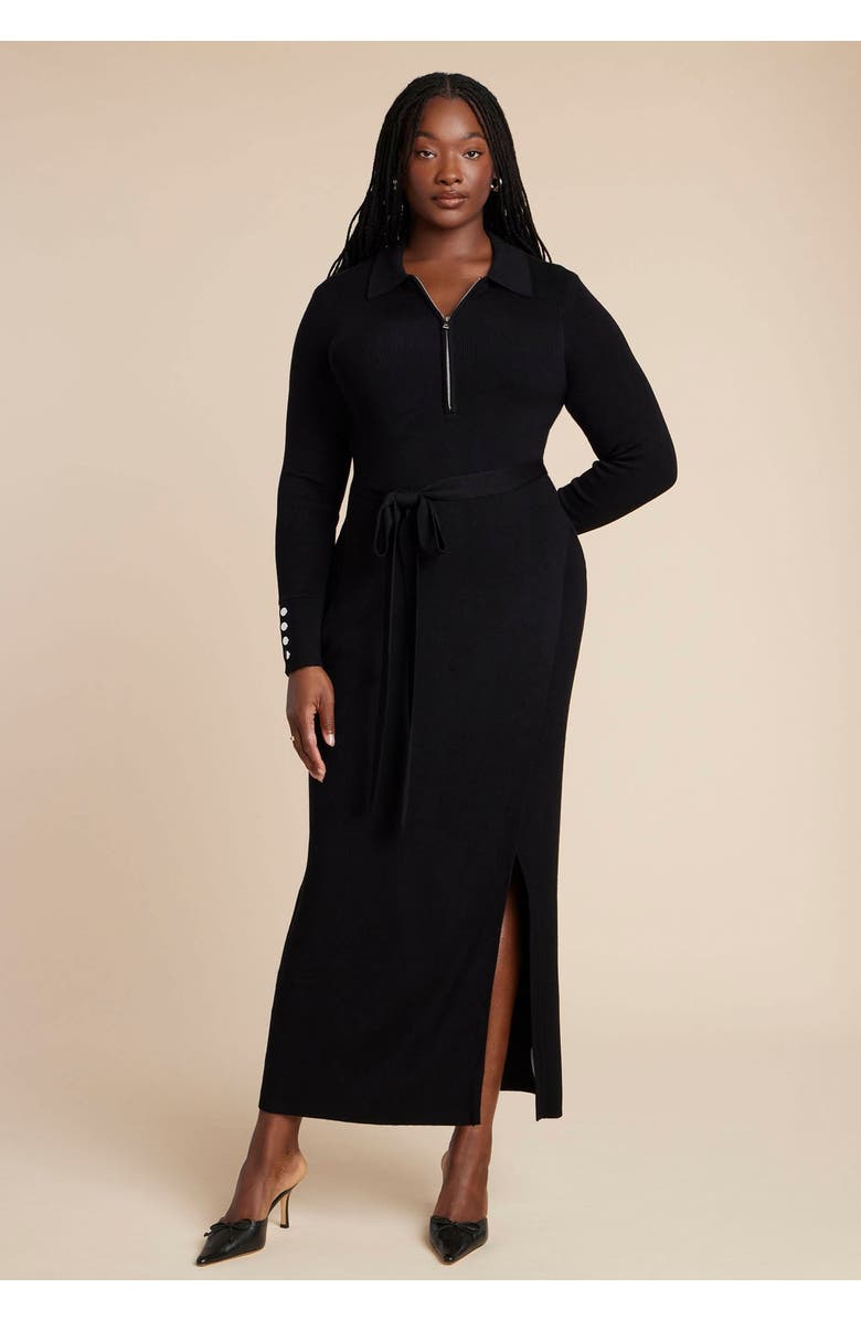 ELOQUII Zipper & Tie Sweater Dress, Main, color, Black Onyx