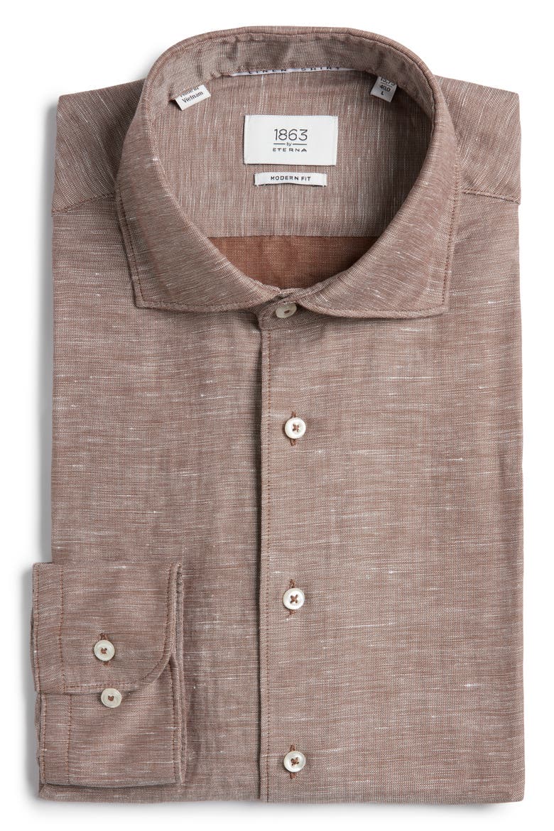 Modern Fit Cotton & Linen Dress Shirt, Alternate, color, BROWN