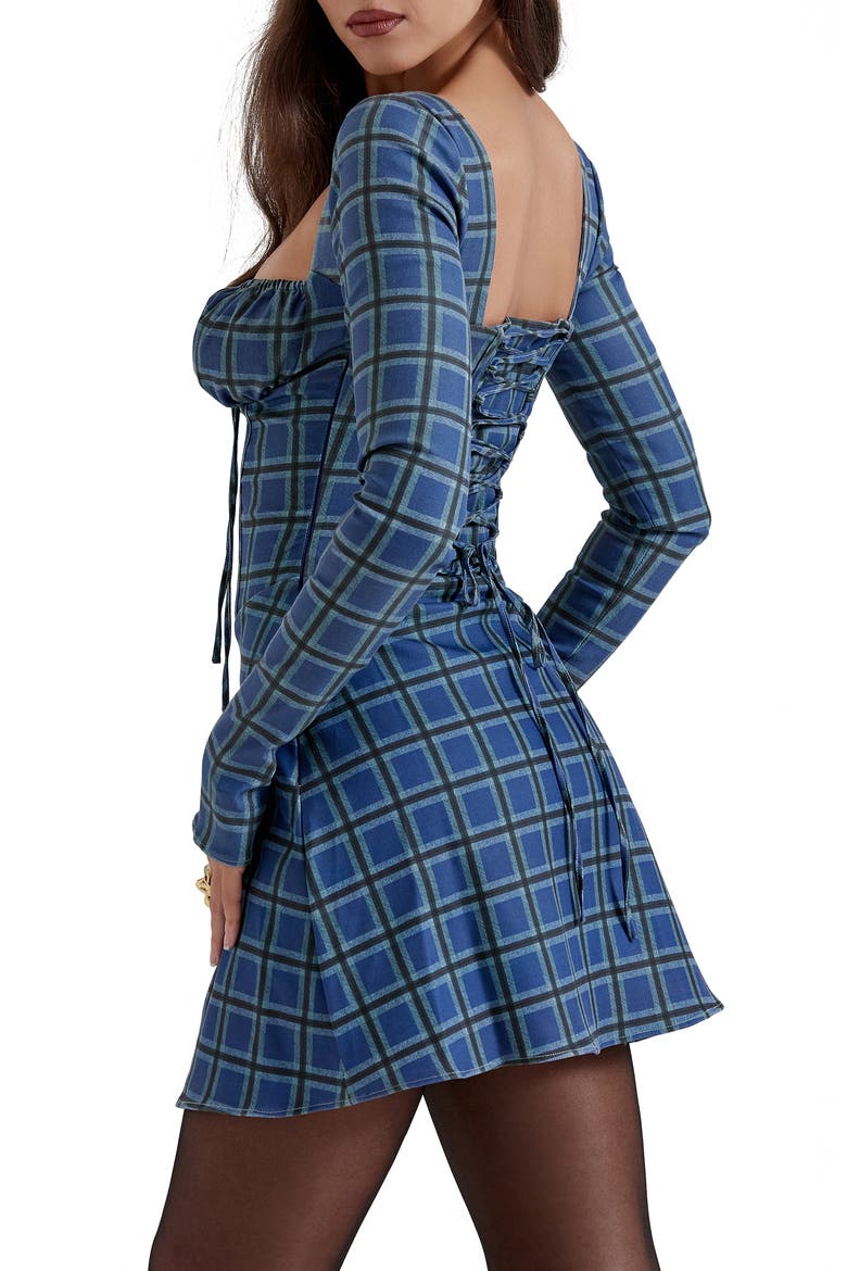 Malika Long Sleeve Cocktail Minidress, Alternate, color, BLUE TARTAN PRINT