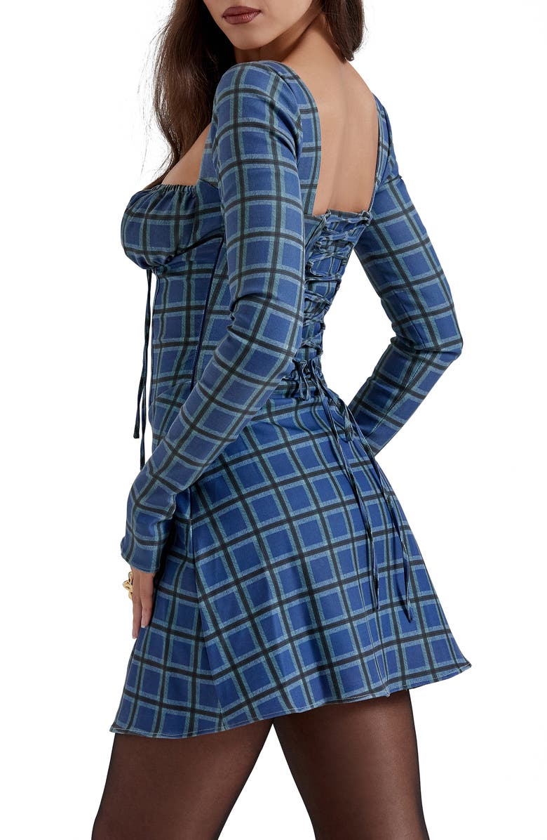 HOUSE OF CB Malika Long Sleeve Cocktail Minidress, Alternate, color, Blue Tartan Print