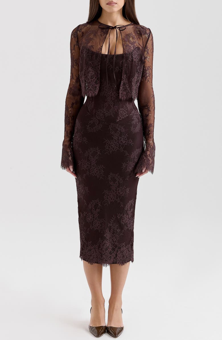 HOUSE OF CB Larra Lace Tie Neck Long Sleeve Midi Dress & Bolero Jacket, Main, color, Chocolate Plum
