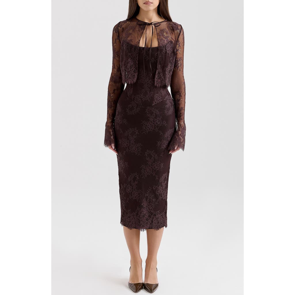 House Of Cb Larra Lace Tie Neck Long Sleeve Midi Dress & Bolero Jacket In Chocolate Plum