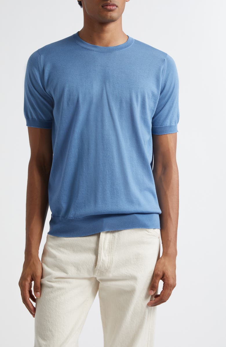 John Smedley Hilcote Merino Wool & Sea Island Cotton Gauze T-Shirt, Main, color, Azul