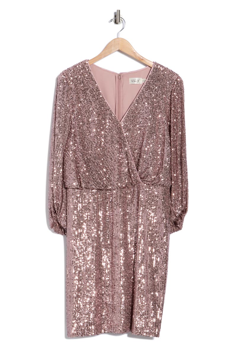 Sequin Balloon Sleeve Faux Wrap Dress, Alternate, color, MAUVE