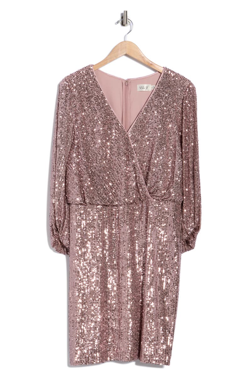 Eliza J Sequin Balloon Sleeve Faux Wrap Dress, Alternate, color, Mauve