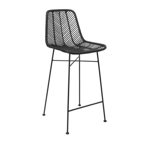 Chic Rattan Bar Stool with Metal Frame, Black