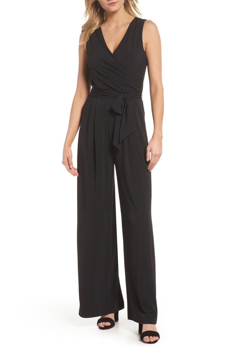 Faux Wrap Wide Leg Jumpsuit, Main, color, BLACK