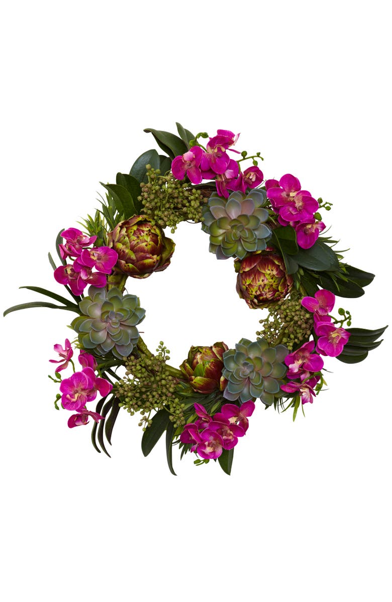 NEARLY NATURAL 20-in Orchid, Artichoke 
Succulent Wreath, Main, color, Purple