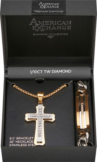 Men's Goldtone Plated Stainless Steel Diamond Cross Necklace & Bracelet 2-Piece Set - 0.1 ctw.