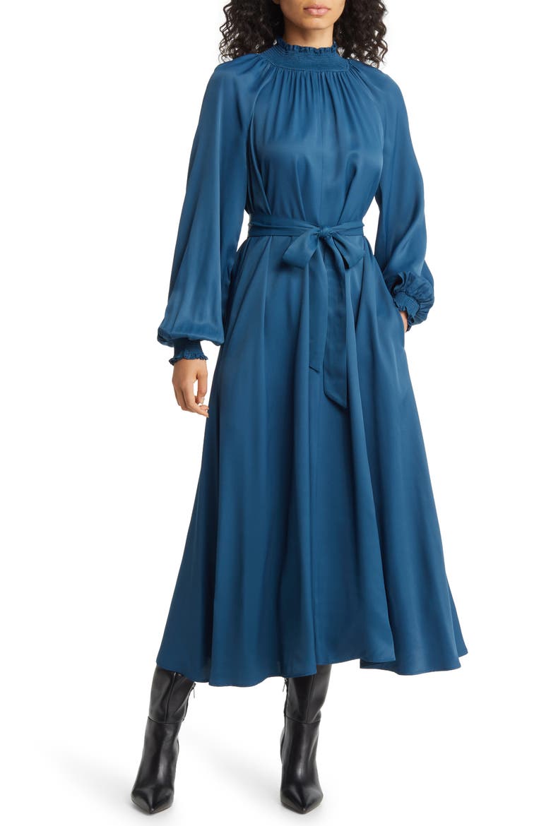 Smocked Neck Long Sleeve Dress, Alternate, color, BLUE CERAMIC