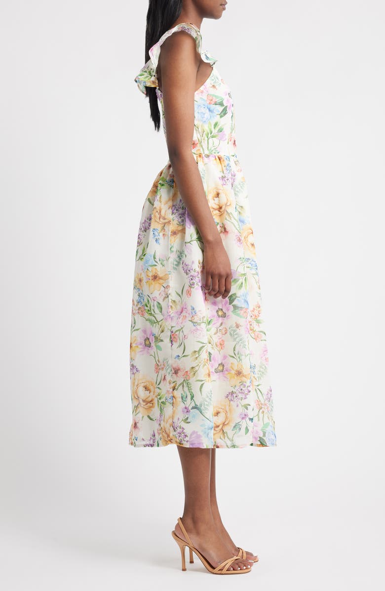 Lipsy Floral Print Flutter Sleeve Midi Dress, Alternate, color, White