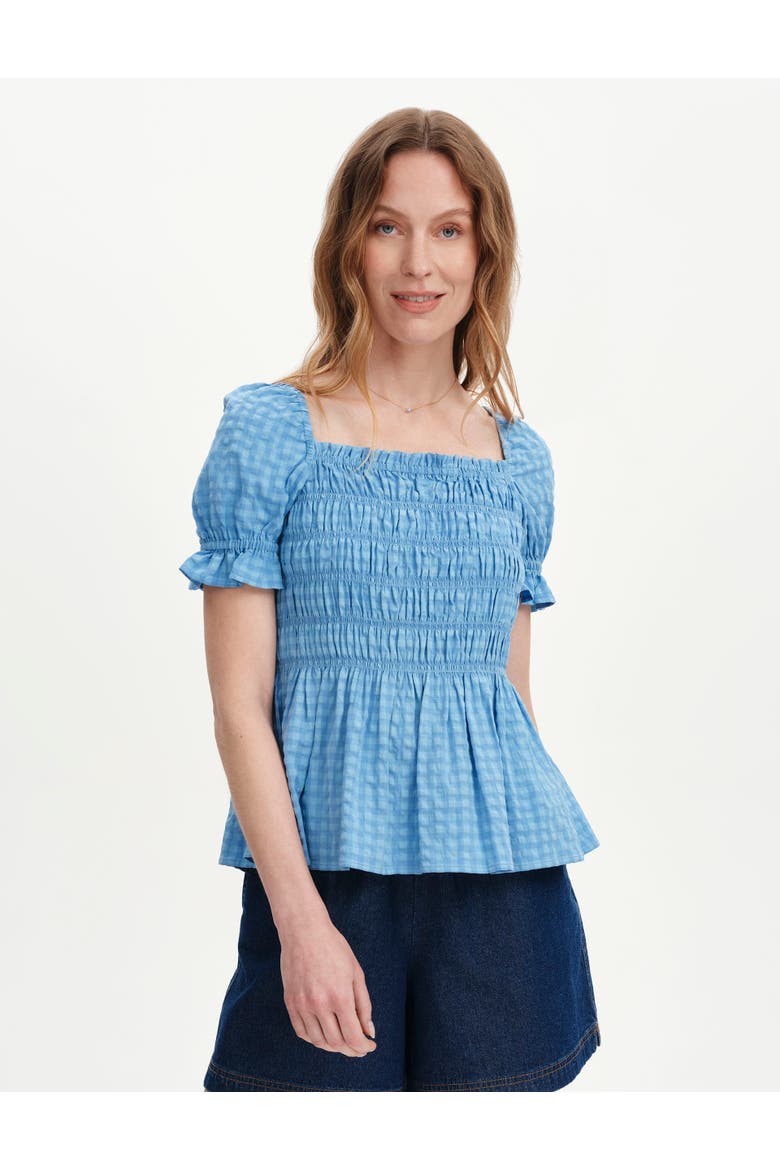 Cynthia Shirred Gingham Seersucker Top, Main, color, Blue