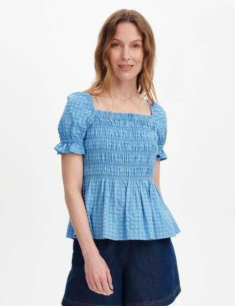 Cynthia Shirred Gingham Seersucker Top