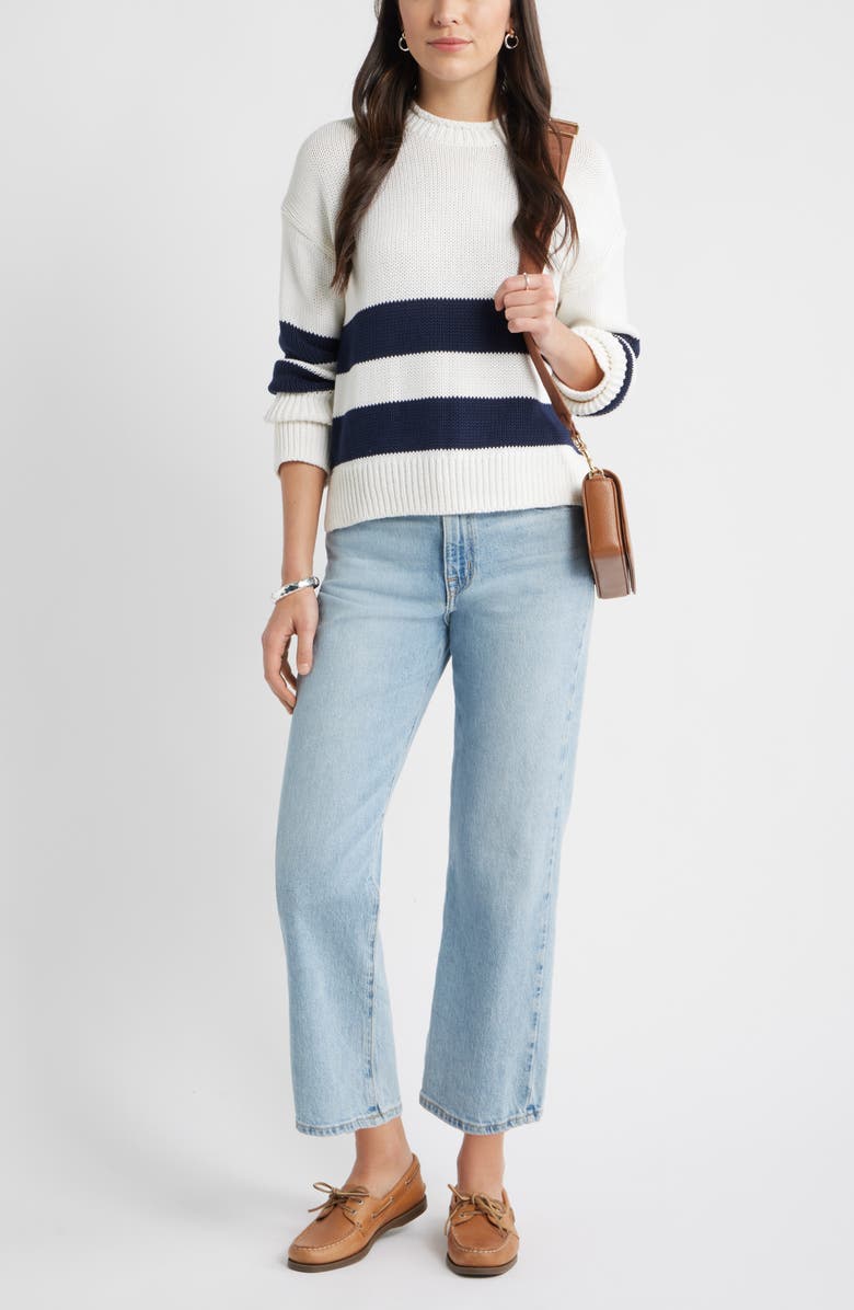 Caslon<sup>®</sup> Stripe Roll Neck Cotton Sweater, Alternate, color, White- Navy Placed Stripe