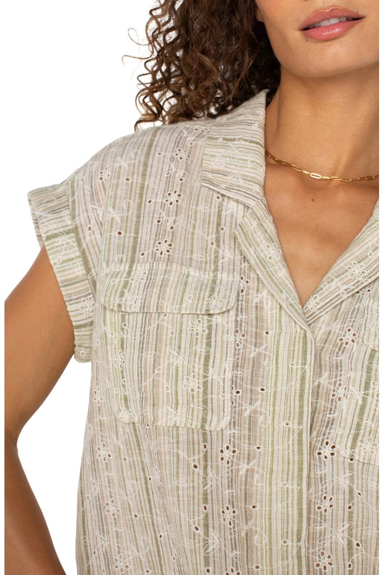 Stripe Eyelet Cotton & Linen Camp Shirt, Alternate, color, GREEN/TAN STRIPE
